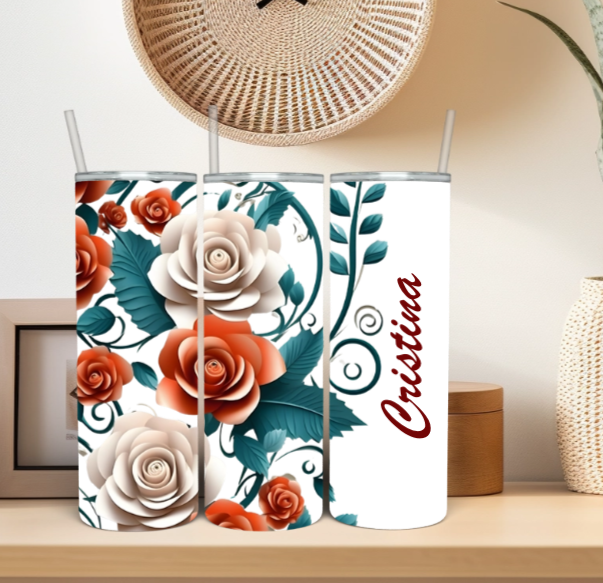 Custom Orange-White Rose Skinny Tumbler